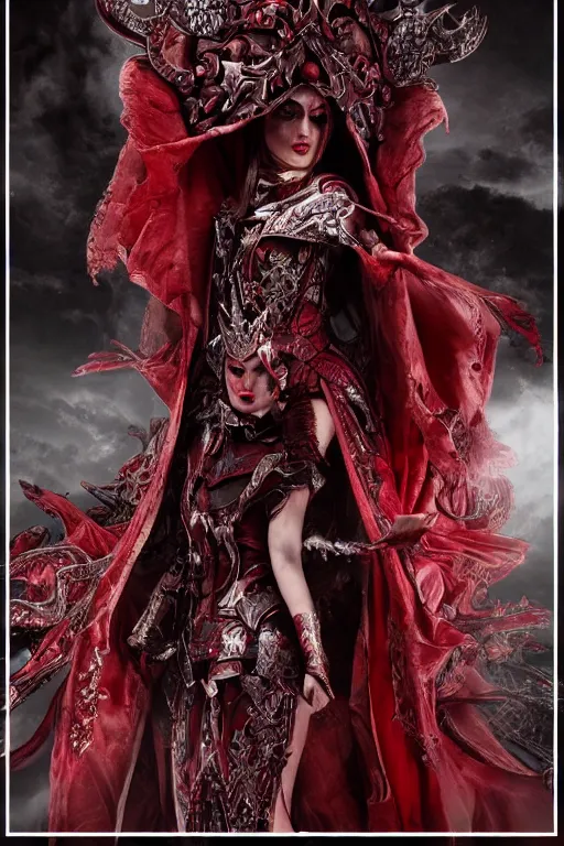 Image similar to the blood crown queen wear the scarlet armor, cinematic lighting, various refining methods, micro macro autofocus, ultra definition, award winning photo