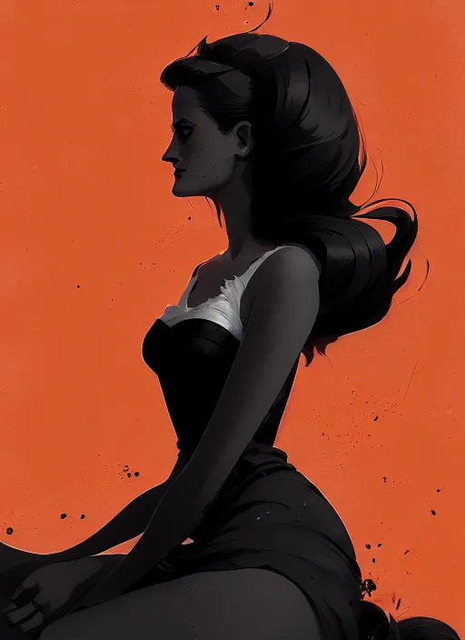 Image similar to highly detailed closeup portrait of beautiful grace gummer as dom dipierro, wavy ginger hair, black dress, by atey ghailan, by greg rutkowski, by greg tocchini, by james gilleard, by joe fenton, by kaethe butcher, gradient orange, black and white color scheme, grunge aesthetic!!! ( ( graffiti tag wall background ) )