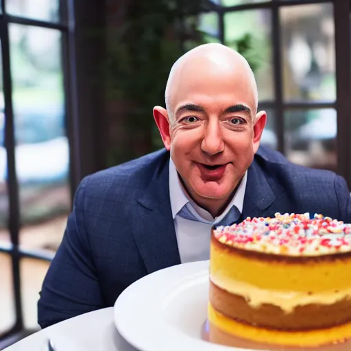 Image similar to Obese Jeff Bezos eating cake, XF IQ4, 150MP, 50mm, F1.4, ISO 200, 1/160s, natural light