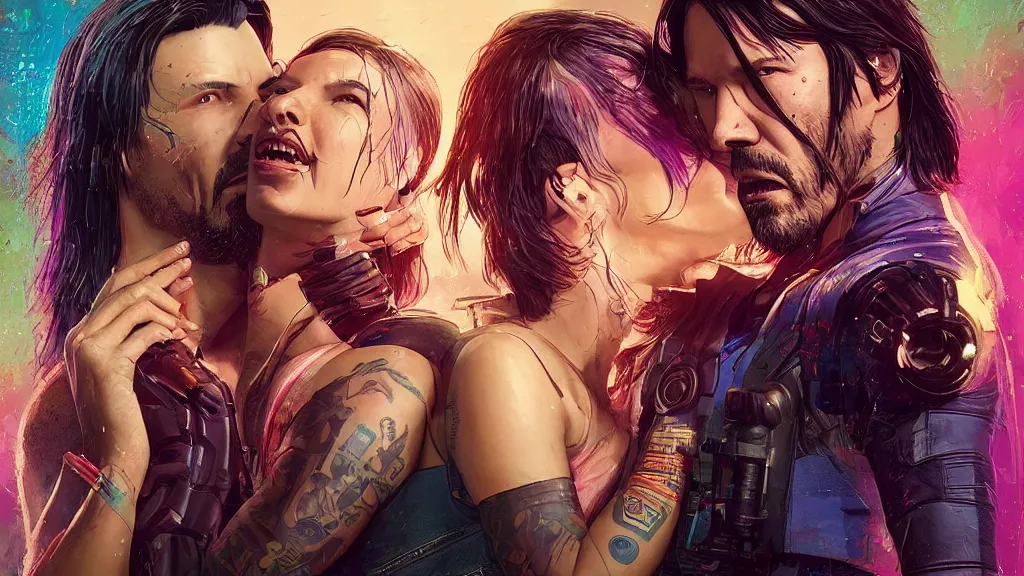 Prompt: a cyberpunk 2077 couple portrait of one Keanu Reeves and one female android final kiss,love,film lighting,by Laurie Greasley,Lawrence Alma-Tadema,Andrei Riabovitchev,Dan Mumford,John Wick,Speed,Replicas,artstation,deviantart,FAN ART,full of color,Digital painting,face enhance,highly detailed,8K,octane,golden ratio,cinematic lighting