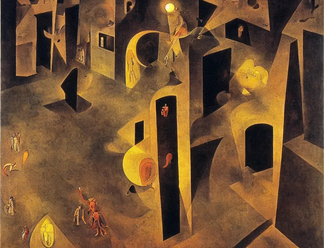 Image similar to a multiracial greek god following a watchful light through the streets of a city, high angle, sparse detail, by remedios varo, joan miro and moebius