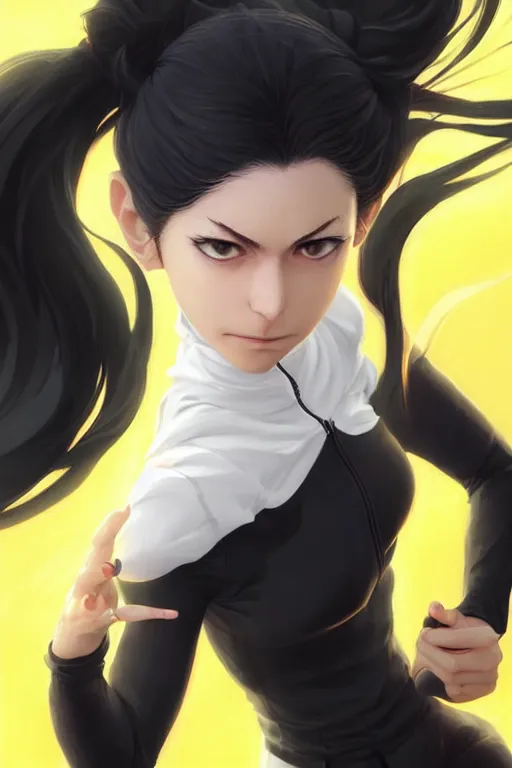 Image similar to black ponytail hair, pale woman in a black zipper jacket, yellow eyes, by artgerm, hair tied in a ponytail, black backdrop, masterpiece, beautiful render, matte painting, realistic, fighting pose, dynamic angle, by greg rutkowski makoto shinkai takashi takeuchi