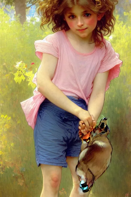 Image similar to a seven - year old with long curly dirty blonde hair, blue eyes, tan skin a pink tee shirt and shorts, playing with foxes, painting by daniel gerhartz, alphonse mucha, bouguereau, detailed art, artstation