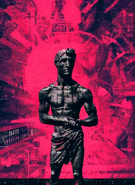 Image similar to black background with subtle red and purple design elements, statue of julius caesar, nekro, modern design, collage art, thin lines, dark, glitch art, neo vaporwave, gritty, layout frame, trending on artstation