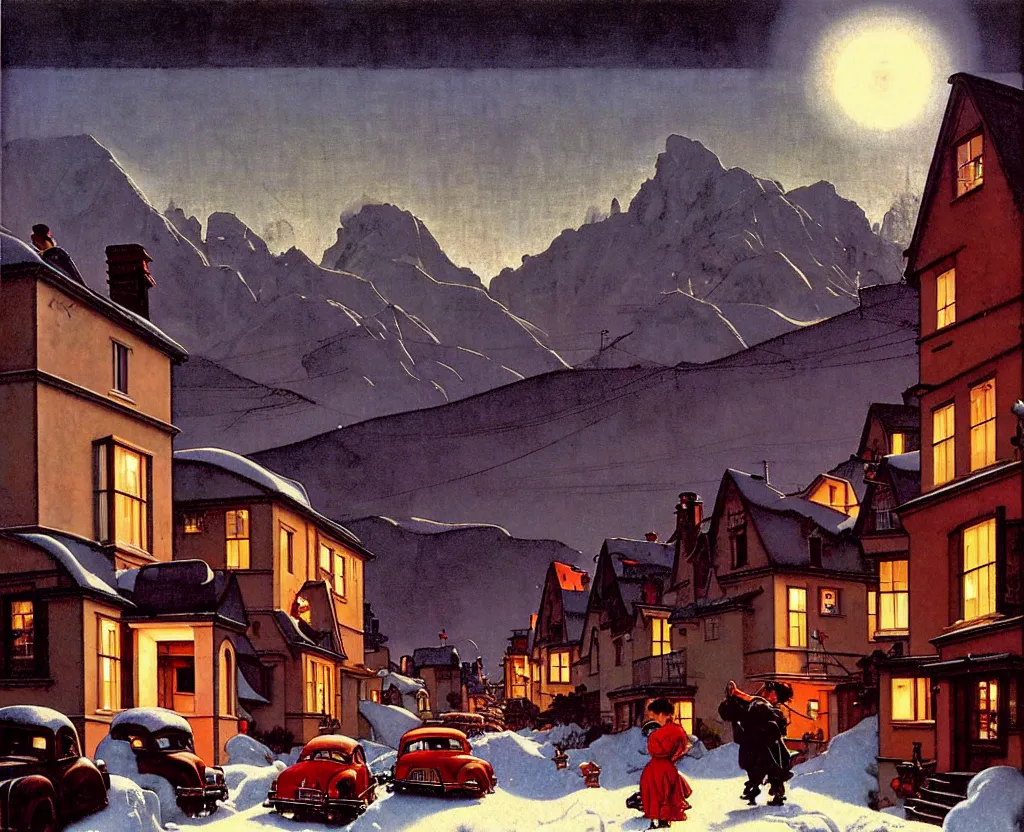 Image similar to in the style of norman rockwell, gerald brom, caravaggio, beautiful small town, houses and buildings, 1 9 5 0 s, evening, lighting in windows, winter, mountains in the distance