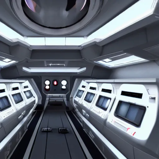 Image similar to flight deck inside a sci-fi spaceship escape pod that is haunted. clean white interior, large window to view outer space, raytraced, highly detailed, z-brush, corona render, 4k