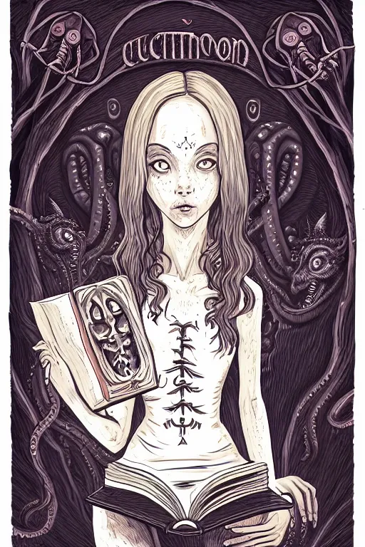 Image similar to ai illustration of romantic girl, her cat and her book of necronomicon, symmetrical, cinematic, sharp focus, 4 k, ultra hd, sense of awe, sinister demonic atmosphere, dreadful, forbidden knowledge, old gods, cthulhu, yog - sothoth! yah, yah, yah! cultist journal cover