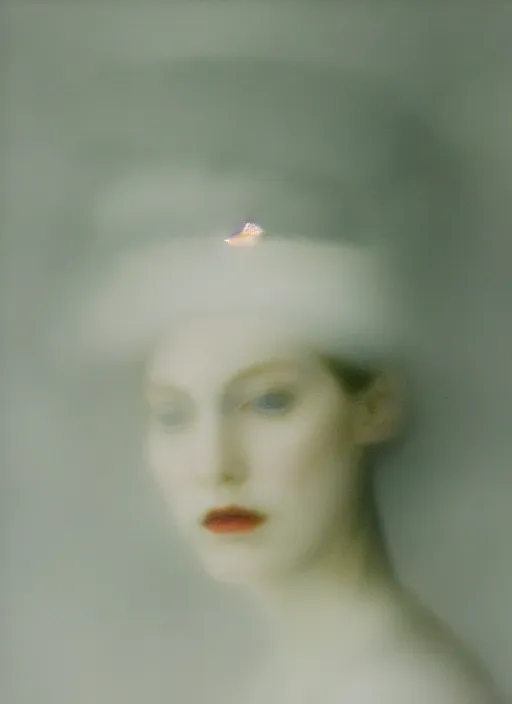 Image similar to out of focus photorealistic portrait of a beautiful pale young woman by sarah moon, very blurry, translucent white skin, closed eyes, foggy, closeup, with a weird hat