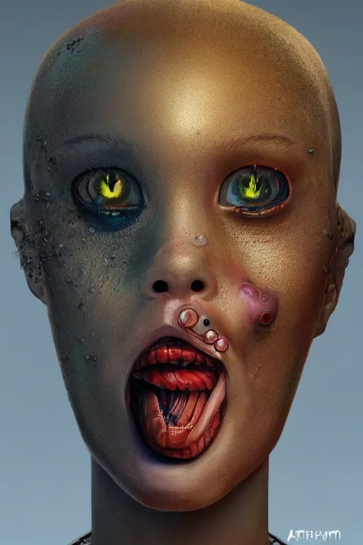 Image similar to beautiful portrait of a teen robot making fyunny face with the tongue, dystopian, biopunk, skin details, digital painting, sculpted in zbrush, artstation, concept art, smooth, sharp focus, illustration, chiaroscuro, soft lighting, golden ratio, rule of thirds, fibonacci, art by Audubon, incredible art by Stanley Artgerm Lau and Greg Rutkowski, composition by mike mignola and Simon Stalenhag,