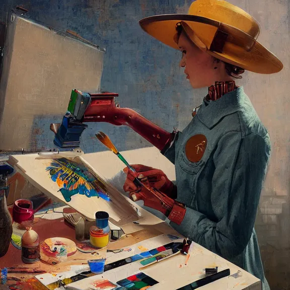 Prompt: robot artist painting a self - portrait on a canvas. intricate, highly detailed, photorealistic, film still, by alexandros pyromallis, gil elvgren, sachin teng, hans thoma.