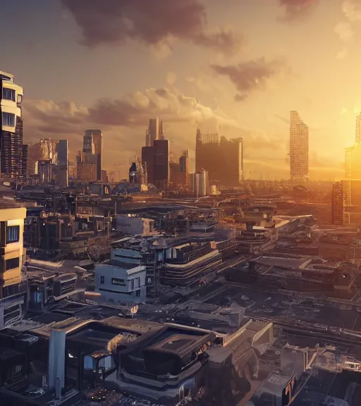 Image similar to sci - fi city rooftop view, blue sky, highly detailed, beautiful light and sunset, photorealistic, octane render