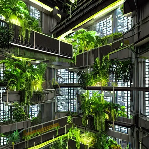 Prompt: solar punk futuristic greenhouse apartments in a tropical forest setting. dark concrete juxtaposed with lush plants and hanging drapes to filter the light. vivid colors mixed with dusty moody lighting. architectural concepts inspired by dune 2 0 4 9, 8 k, photorealism, environment art