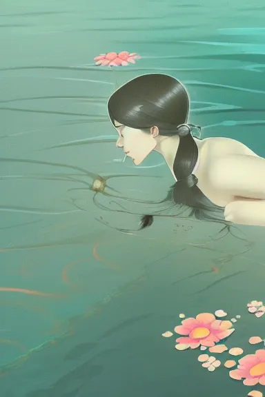 Image similar to mysterious girl with her long black hair dressed in a simple white dress swimming in a lake with flowers, anime art style, digital art by ilya kuvshinov, inspired by balthus, hd, 4 k, hyper detailed, side view