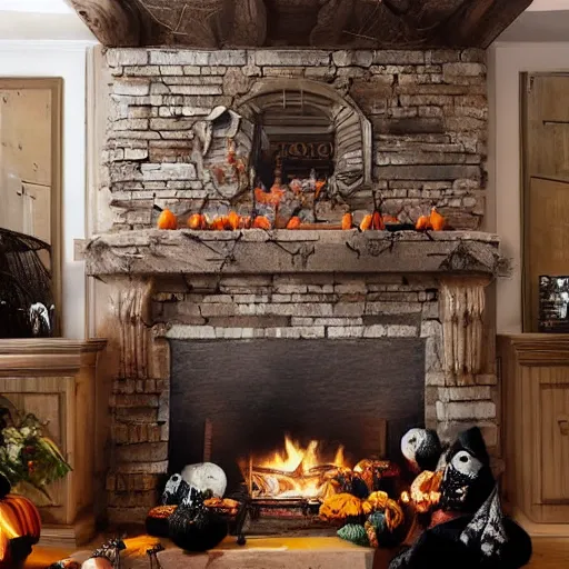 Image similar to a realistic photo of a fireplace mantle decorated for halloween, photorealism, dramatic lighting