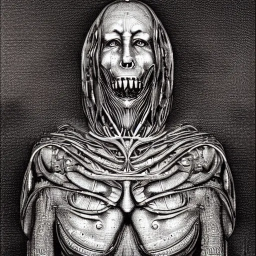 Image similar to a photograph of leornado da vinci, in the style of h. r. giger