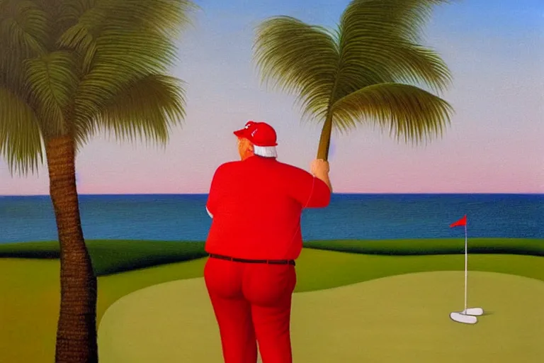 Image similar to chubby Donald Trump with red base cap playing golf on a golf course nearby the sea in the sunset with palms, by Botero, oil painting