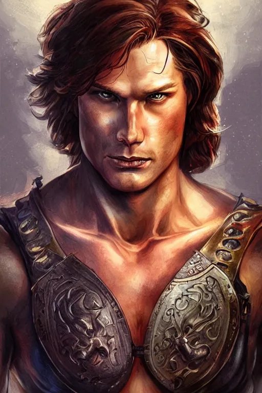 Image similar to portrait of attractive sam winchester as a rogue scotish warrior from the xii century, muscular body tattooed, d & d!, fantasy style, sharp focus!, ultra detailed, art by artgerm and peter andrew jones, wlop