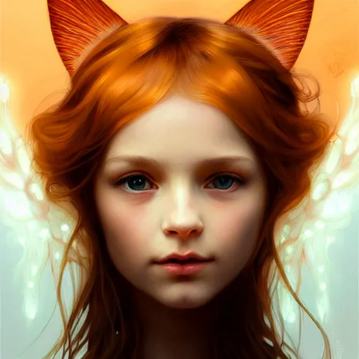 Image similar to Portrait of a girl angel with pale orange colored frizzy strands of illuminated hair, cat ears on her head, glowing halo, wings on her back, fantasy, intricate, elegant, highly detailed, digital painting, artstation, concept art, smooth, sharp focus, illustration, art by Krenz Cushart and Artem Demura and alphonse mucha