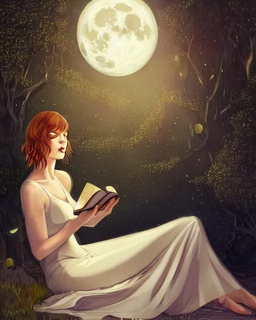 Image similar to milla jovovich in white nightgown reading a book by the river, face by otto schmidt, a full moon on the horizon, dark starry sky, dreamy fantasy ambience with golden orbs and fireflies, detailed gothic illustration bright moon light, by charlie bowater