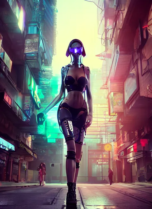 Image similar to photo of a beautiful woman walking through a cyberpunk city, full body, hyper realistic, 8 k, dslr, unreal engine, highly detailed portrait by laura sava