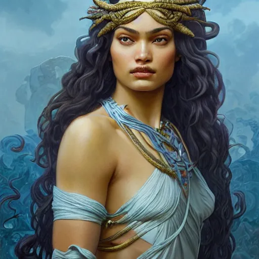 Image similar to Shanina Shaik as Medusa, frowning, scowl, snakes for hair, intricate, elegant, highly detailed, digital painting, artstation, concept art, smooth, sharp focus, illustration, art by artgerm and greg rutkowski and alphonse mucha