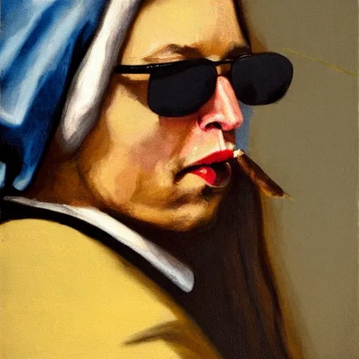 Image similar to painting of Elon Musk with shades on, smoking a cigar posed in the style of ‘Johannes Vermeer\'s girl with a pearl earring’ hyperrealistic, moody lighting, golden hour