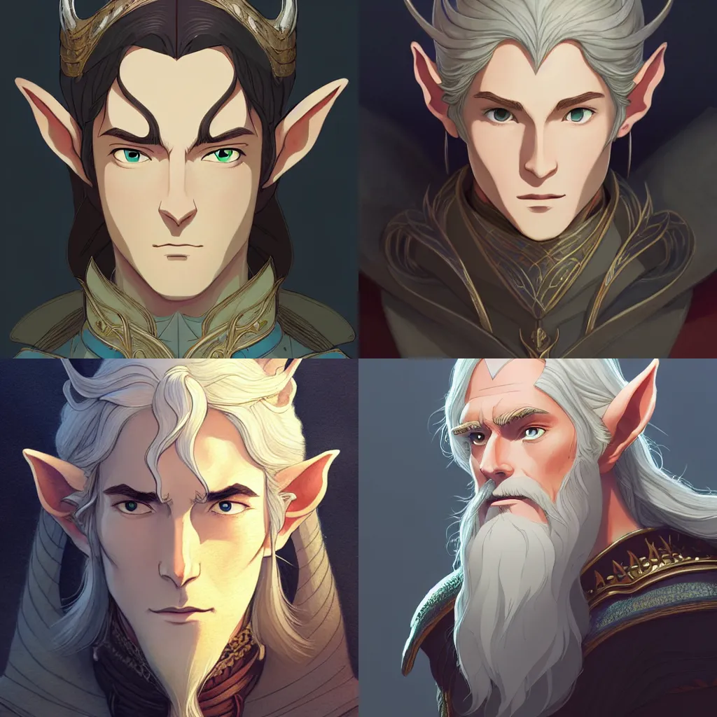 Prompt: portrait of an elven king, artstation, cartoon, elegant, highly detailed, digital painting, concept art, smooth, sharp focus, illustration, art by ghibli, makoto shinkai, don bluth, fujita goro, jean giraud, atey ghailan, akihiko yoshida, tom whalen, fadeev 8 k