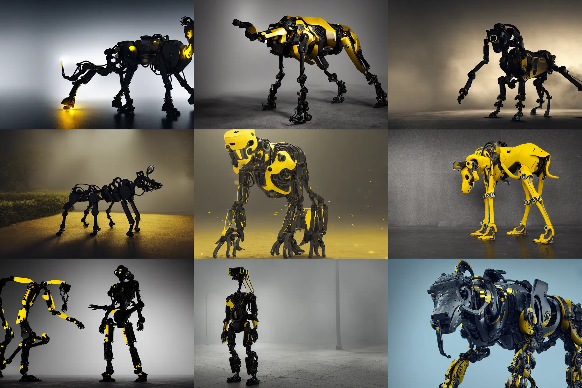 Prompt: promotional image, boston dynamics spot, yellow, hd, 4 k, high resolution, octane renderer, real, ground mist, dark black backdrop, beauty shot, rimlight