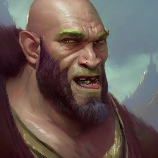 Image similar to well - groomed orc bard, goatee, bald, thoughtful expression, fantasy character portrait by greg rutkowski, gaston bussiere, craig mullins