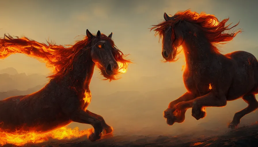Prompt: Fire horse running to the sun, hyperdetailed, artstation, cgsociety, 4k