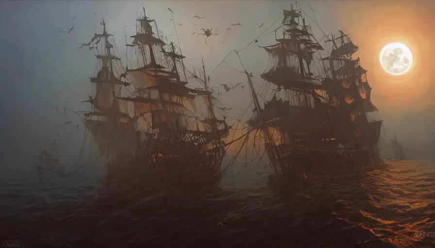 Prompt: ghost pirate aboard a pirate ship, spooky fog, moonlit, oil on canvas, by Dan Mumford, by Josan Gonzalez, by Frank Frazetta, soft lighting