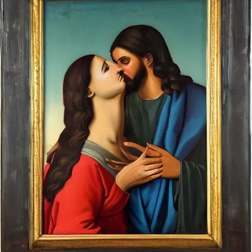 Image similar to 1 8 th oil panting of a jesus kissing a woman