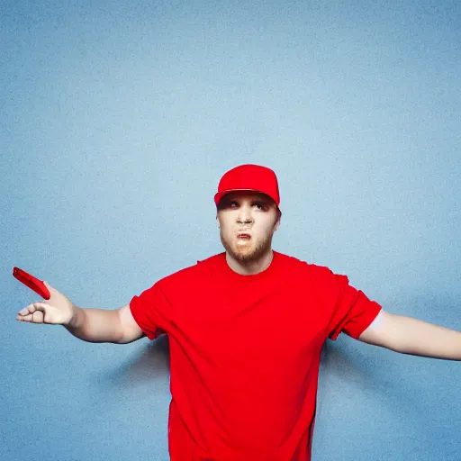 Image similar to a full body shot of an average white, short young - adult man with blue colored hair, wearing a red backwards cap, white t - shirt with a red no symbol on it, blue long pants and red shoes, holding a microphone, studio lighting, photoshoot, grey background