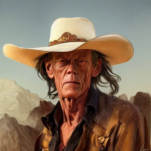 Image similar to a man, lance henriksen, cowboy hat, portrait, wild west, fantasy, highly detailed, digital painting, artstation, concept art, sharp focus, illustration, art by artgerm and greg rutkowski and alphonse mucha