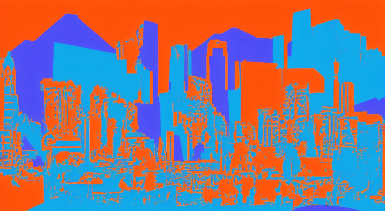 Image similar to axon drawing of las vegas, blue and orange complimentary color scheme, in style vector art style of tom whalen