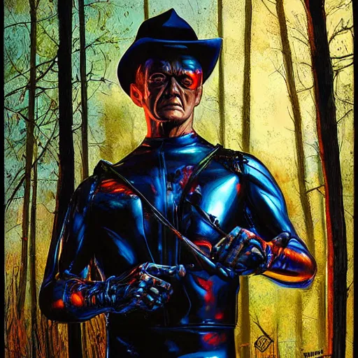 Image similar to A hyper real comic book style portait painting of T-1000 in the woods, unreal 5, hyperrealistic, octane render, cosplay, RPG portrait, dynamic lighting