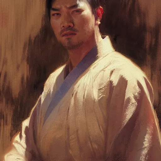 Image similar to a man wearing hanfu, muscular, detailed face, correct face, painting by Gaston Bussiere, Craig Mullins