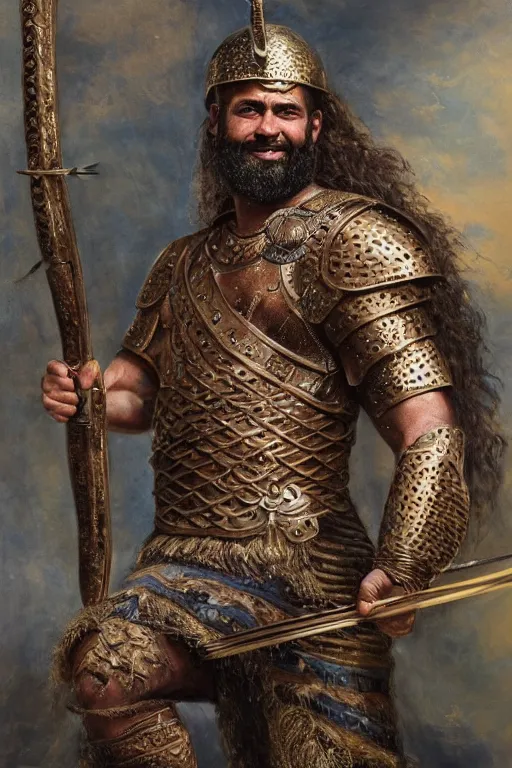Prompt: ancient Mesopotamian warrior, thick braided beard, intricate bronze armour, very muscly, dark skin, strongman, big smile. Holding a large sword. holding a bow and arrows. Full body dynamic action pose. Oil painting. masterwork.
