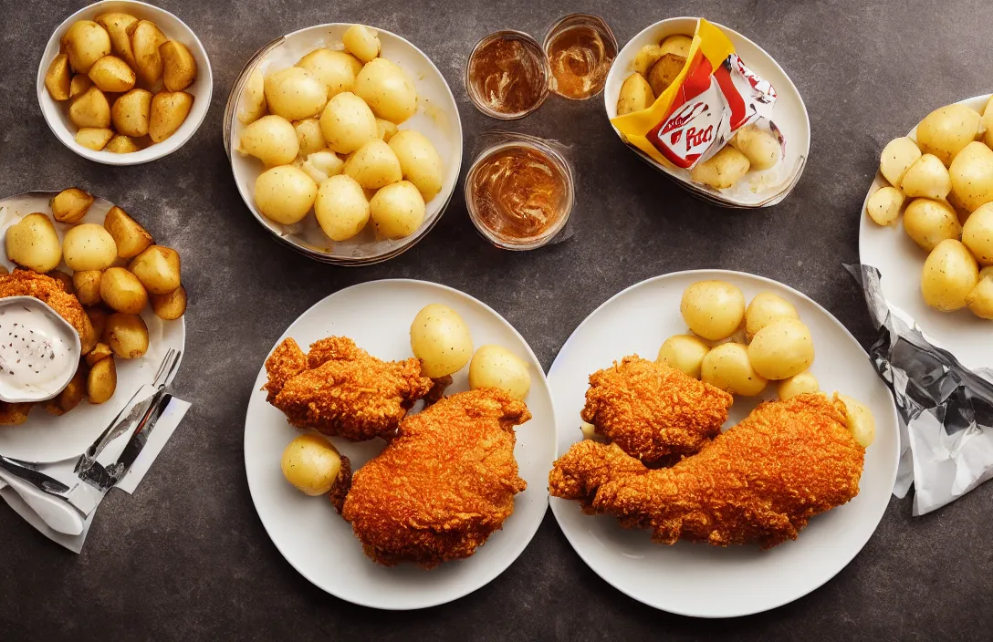 Image similar to KFC chicken on a plate, side of potatoes, food photography, award winning, Michelin restaurant