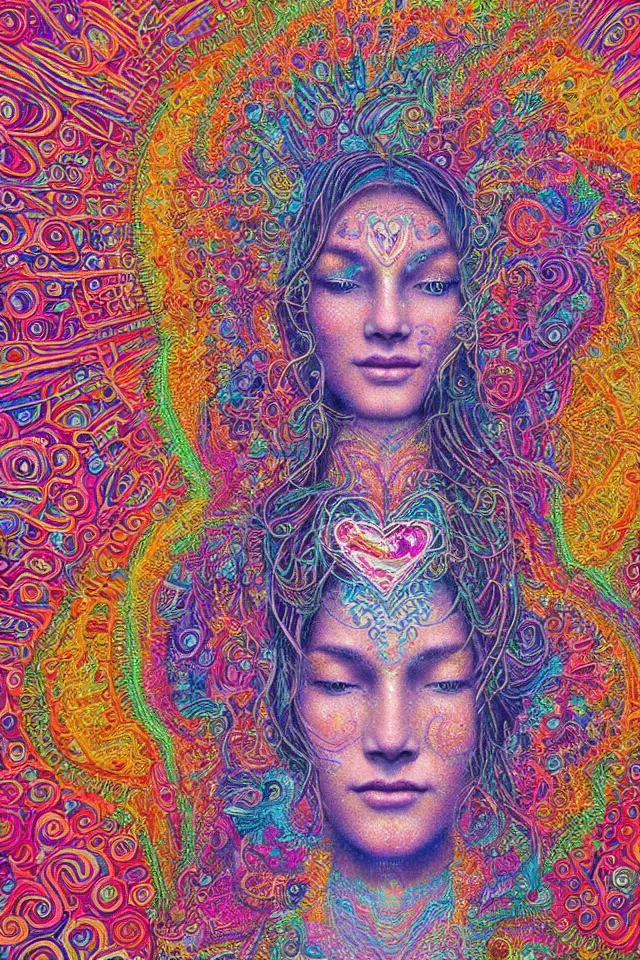 Image similar to a happy beautiful wise spirit goddess in the shape of a heart, meditation, 3 2 k resolution, good vibes, perfect lighting, billions of details, made out of small cubes of love, pointillism, fabric embroidery, stunning psychedelic artwork, android jones, chris dyer, alex grey, trending on artstation, award winner