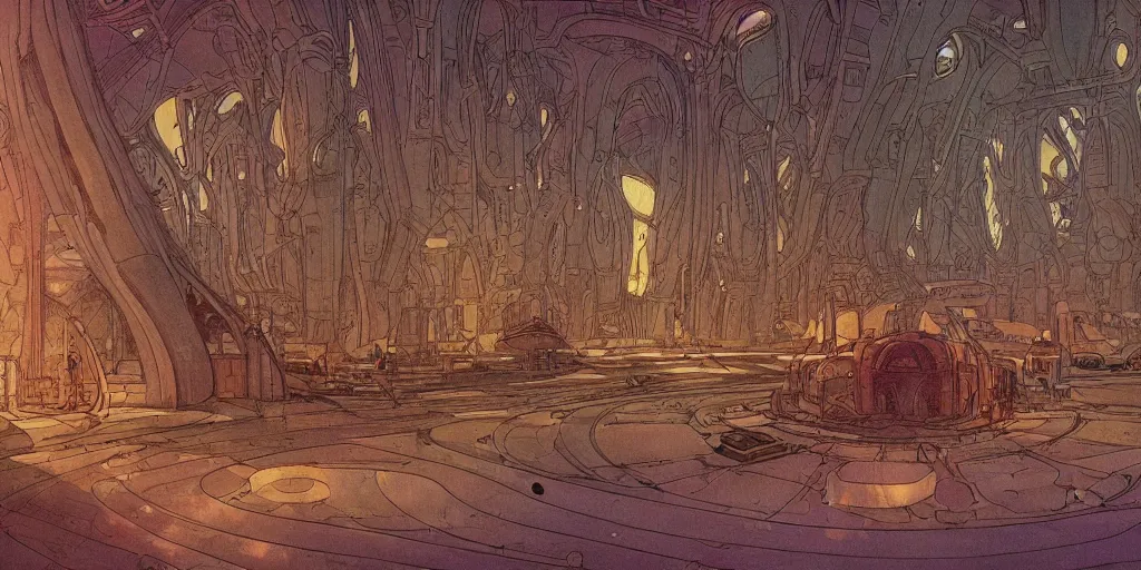 Image similar to cel shaded cinematic shot of the interior of a sci-fi space station with ornate Elven architecture, epic castle, illustration, sharp focus, concept art by Moebius, Jean Giraud Moebius