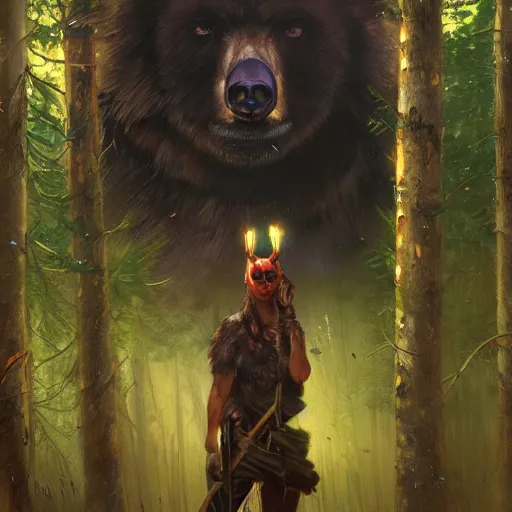 Prompt: dark scene of a bear warrior, surrounded by glowing eyes in the forest, realistic shaded lighting poster by ilya kuvshinov katsuhiro otomo, magali villeneuve, artgerm, jeremy lipkin and michael garmash and rob rey