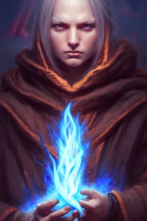 Image similar to Front portrait of a hooded mage hold a blue fire, full body, fine art, awesome fantasy book cover on Pinterest, award winning, dark fantasy landscape, fantasy magic, intricate, elegant, sharp focus, cinematic lighting, highly detailed, digital painting, concept art, art by WLOP and Artgerm and Greg Rutkowski, masterpiece, trending on artstation, 8K