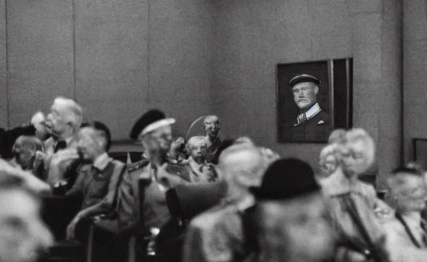 Image similar to 50s movie still close-up portrait of an elder soviet generals in a empty stalinist hall, by David Bailey, Cinestill 800t 50mm black and white, heavy grainy picture, very detailed, high quality, 4k, HD criterion, precise texture and facial expression