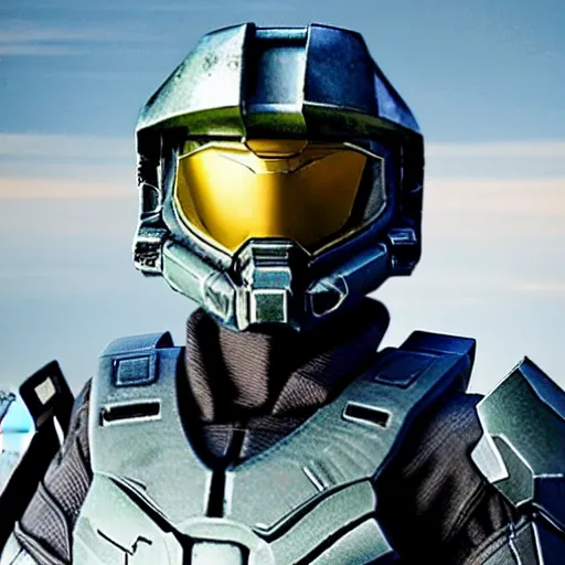 Prompt: film still of Joseph Gordon Levitt as master chief, holding helmet in new halo film, 4k