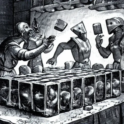 Prompt: gelatinous cubes being processed into magic items with the juice made from their bodies, d & d, industry magazine photo from the year 1 1 8 9