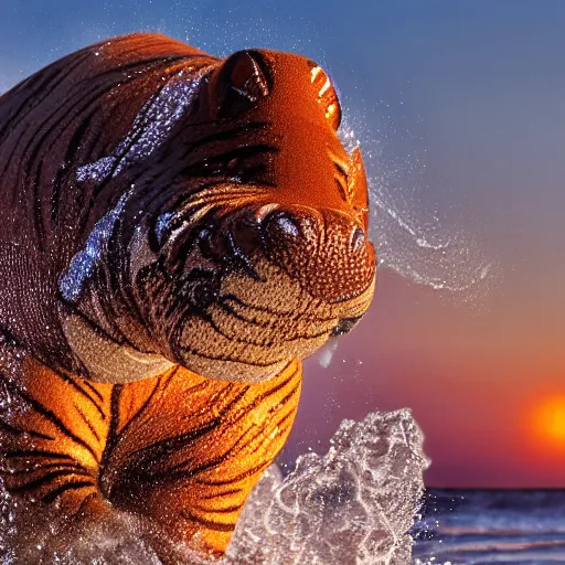 Prompt: a closeup photorealistic photograph of a cute smiling knitted tiger hippopotamus splashing after beachballs during sunset. surf in background. professional capture. this 4 k hd image is trending on artstation, featured on behance, well - rendered, extra crisp, features intricate detail, epic composition and the style of unreal engine.