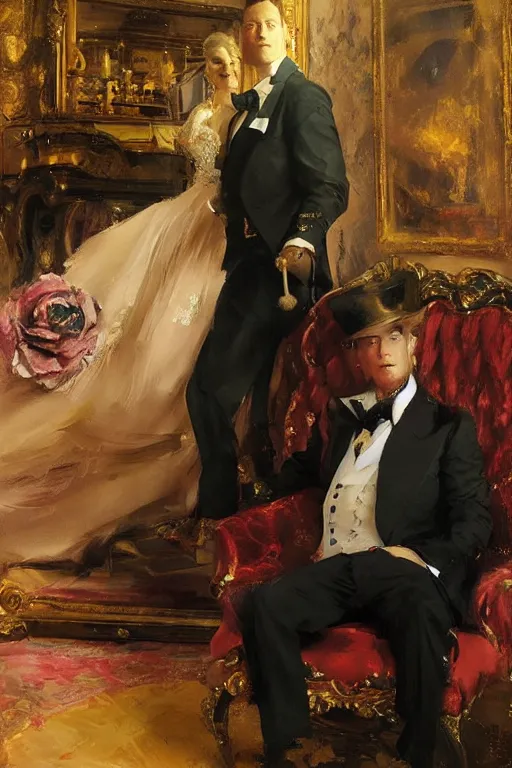 Prompt: portrait of a respectable dignified royal business elite politician wearing a lisa frank top hat and tuxedo, art by anders zorn, wonderful masterpiece by greg rutkowski, beautiful cinematic light, american romanticism by greg manchess, jessica rossier