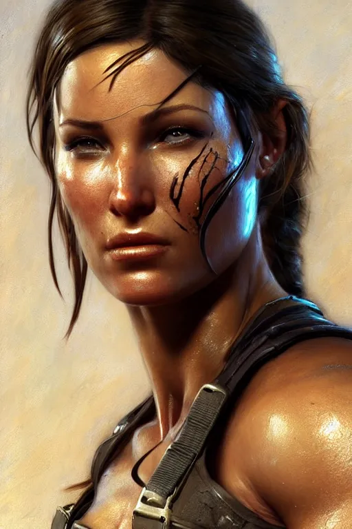 Prompt: muscular sweat lara croft, face close up, ambient occlusion, highly detailed painting by gaston bussiere, craig mullins, j. c. leyendecker 8 k