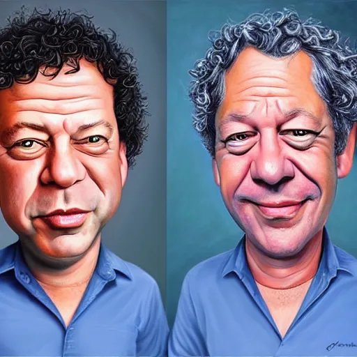 Image similar to Caricature portraits done of Gene Ween and Dean Ween, realistic, hyperrealistic, very realistic, highly detailed, very detailed, extremely detailed, detailed, oil painting, digital art, trending on artstation